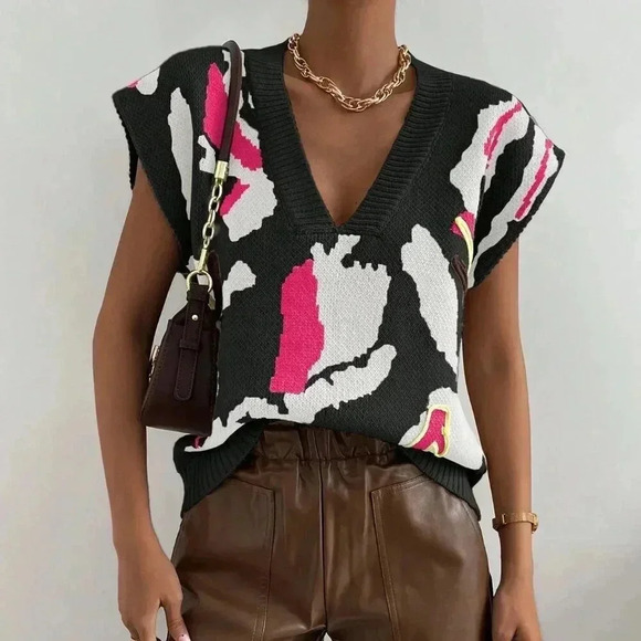 Multicolor Casual Women's Full Print V-Neck Loose Knitted Sweater Vest - Picture 3 of 6